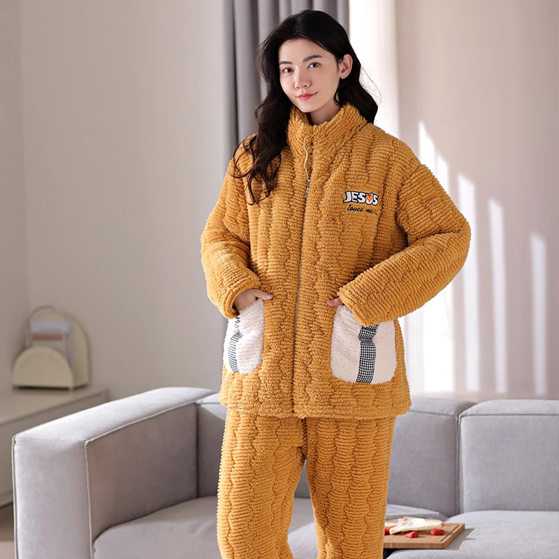 High Quality Casual Three-layer Clip Cotton Pajamas Women Flannel Quilted Sleepwear Female Warm Pijamas Mujer