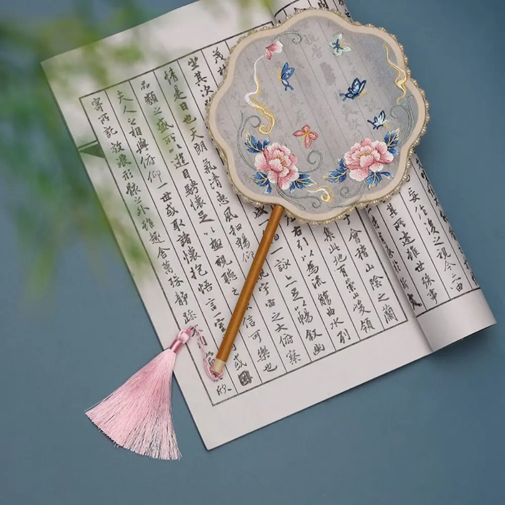 Classical Round Fan Embroidered Semi-transparent Silk Fan Double Sided With Tassel Hand Fan Female Costume Hanfu Cheongsam