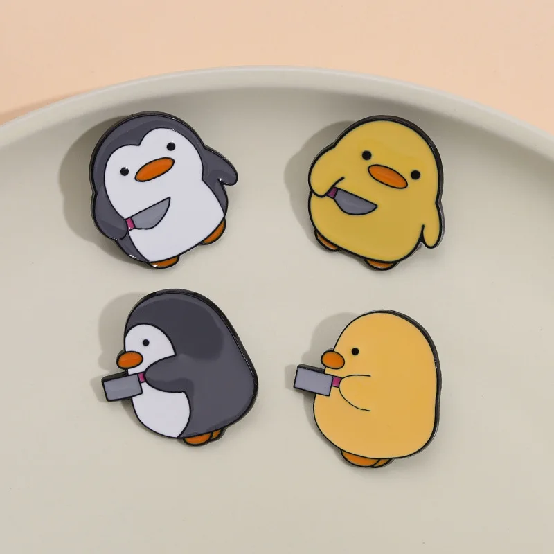 Cartoon yellow duck penguin with knife Brooches For Women Hollow Out Design Rhinestone Animal Brooch Pins Jewelry Wedding Gift