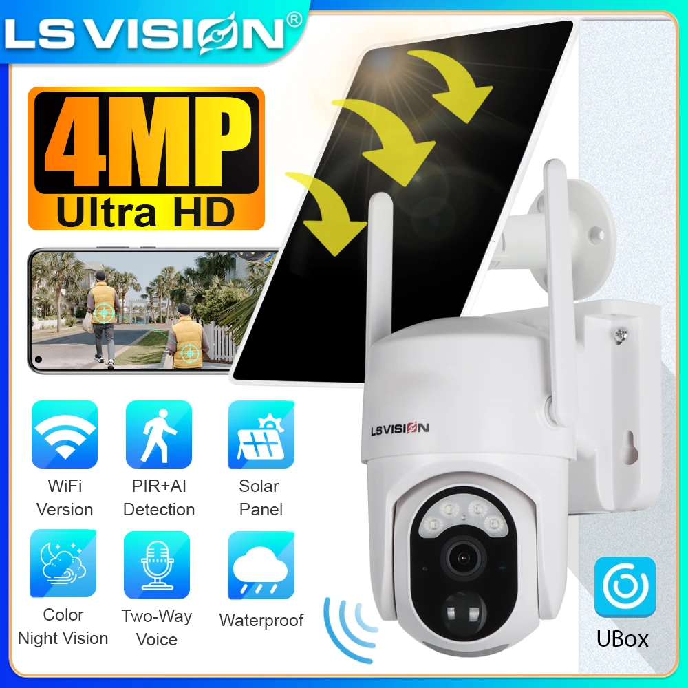

LS VISION WiFi Solar Camera 4MP Outdoor Wireless Surveillance Camera Security Protection Color Night Vision Human Detection Ubox
