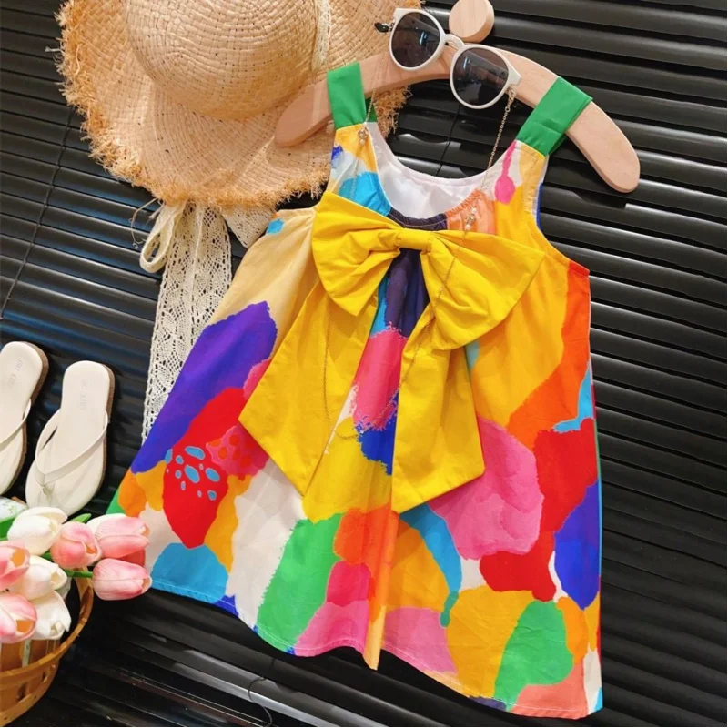 New Girls Summer Beach Style Contrast Color Graffiti Bow Princess Vest Dress2024Summer Dress-WSNY