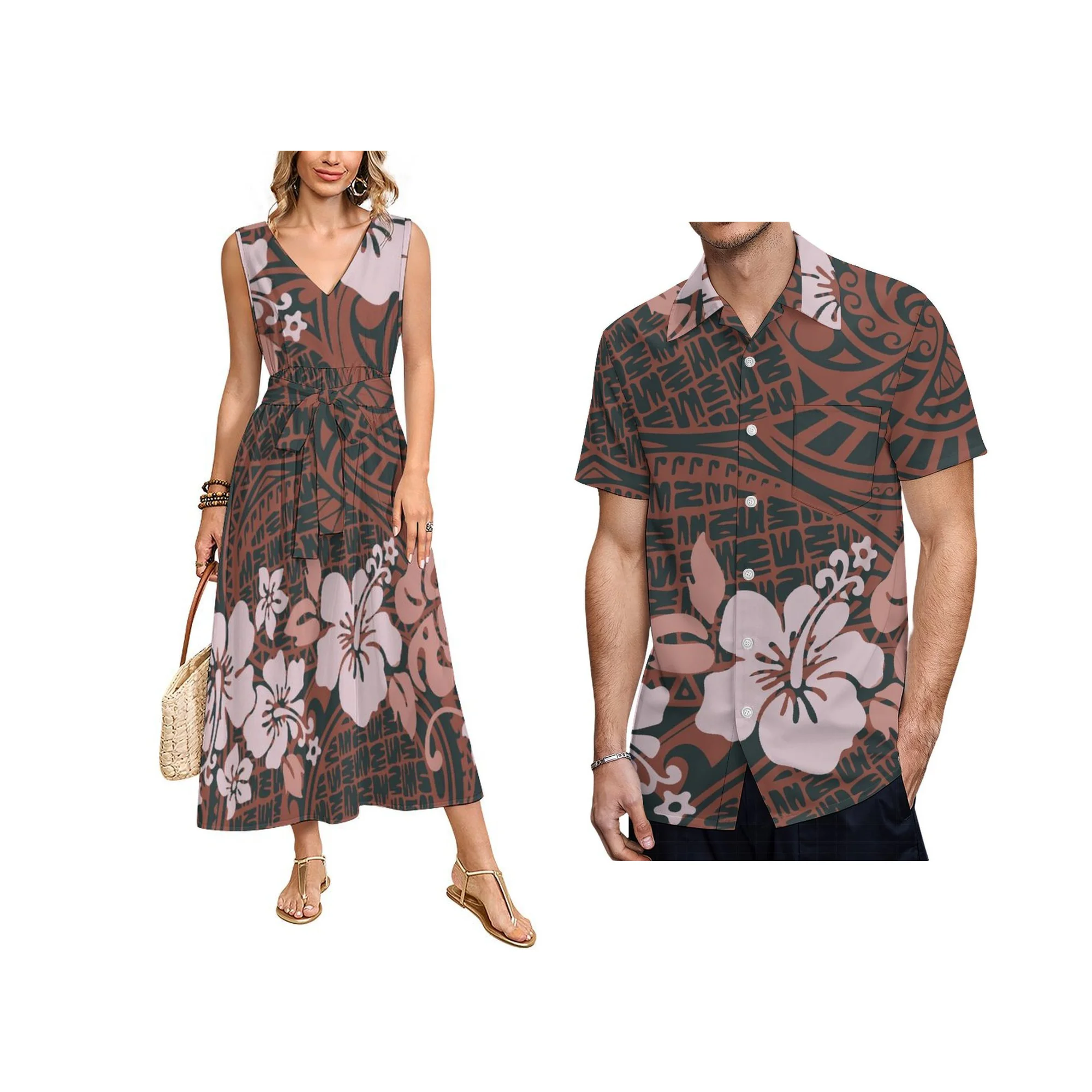 

Factory Wholesale Custom Ladies V-neck Vest Dress New Zealand Style Long Dress Polynesian Plus Size Lady Sleeveless Belts Dress