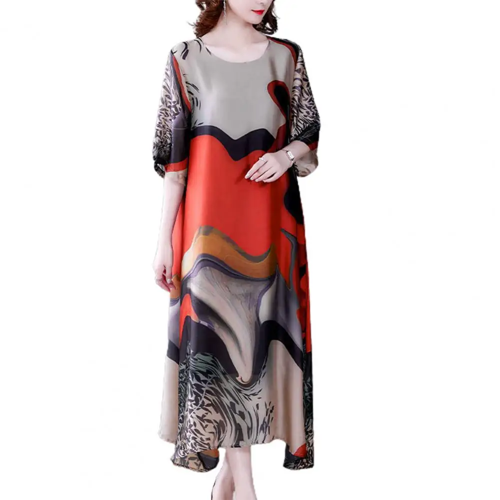 여성용 O넥 루즈 캐주얼 빈티지 프린트 실크 미디 드레스 로브, 용수철 여름 무도회 원피스, 우아한 파티 드레스, 2024