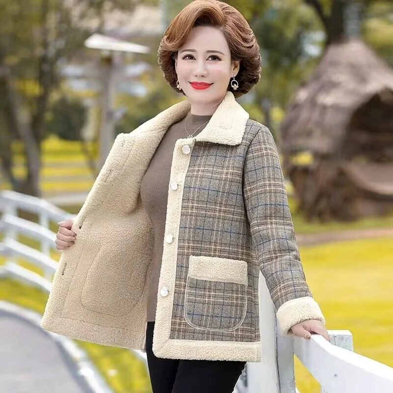 2024 Mother Winter Jacket Cashmere Stitching Jacket Women's Plaid Woolen Coat For Middle-Aged Elderly Thick Polar Fleece Coat