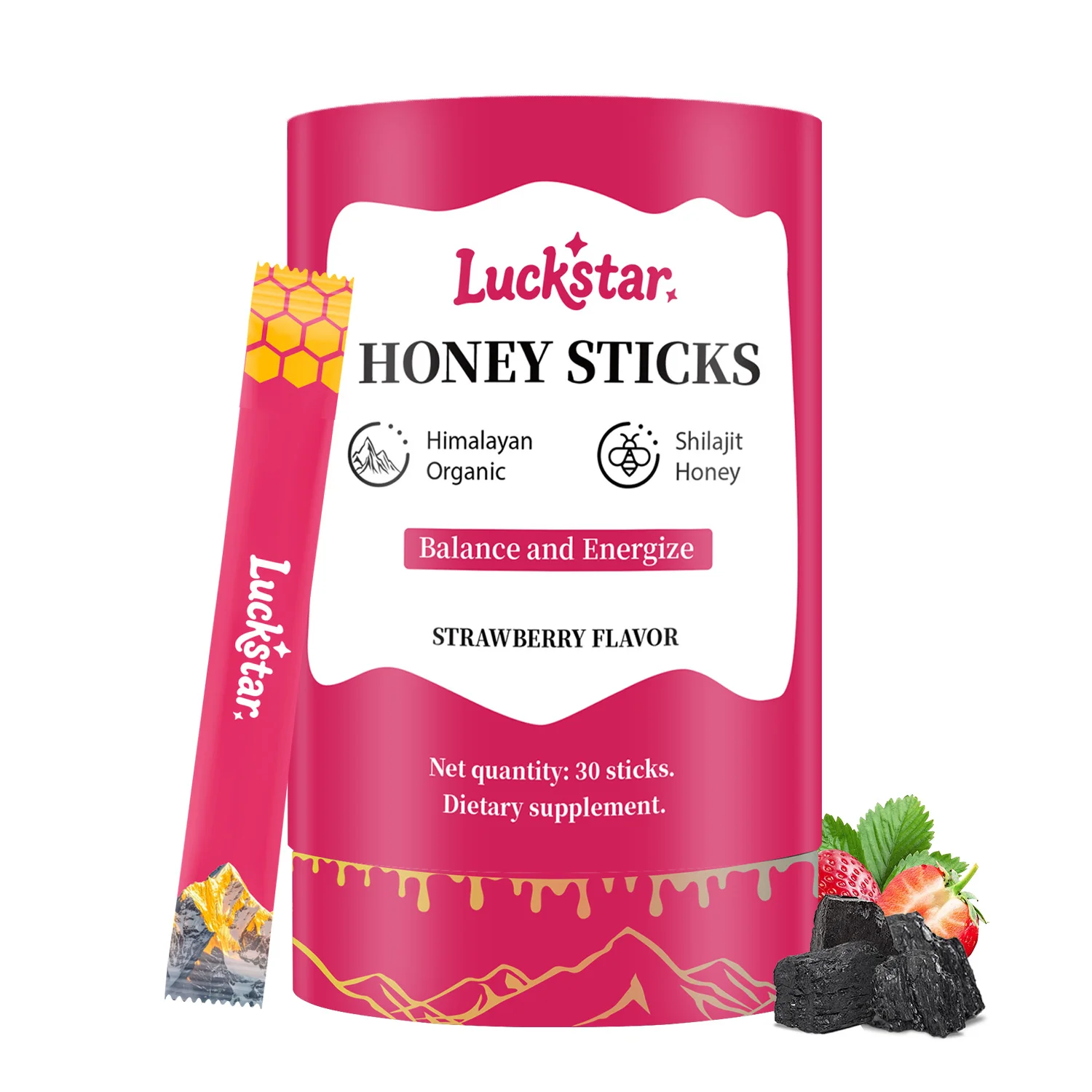 Luckstar Shilajit Sticks Honey Organic Himalayan Shilajit Resin 400mg & Saffron Balance & Energize Strawberry Flavor 30 Sticks