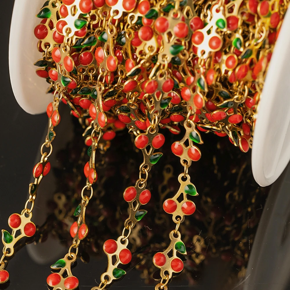 1M Gold Stainless Steel Fruit Chain Two-sided Enamel Glitter Powder Cherry Bracelet Chain DIY Necklace Jewelry Accessories Craft