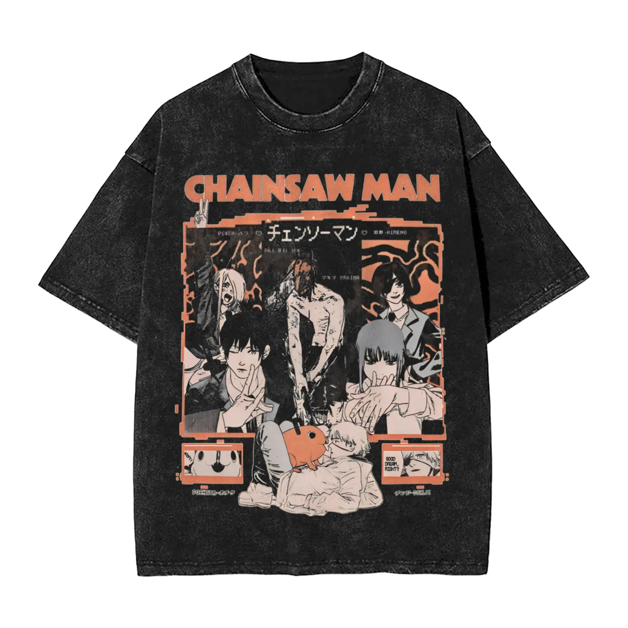 Chainsaws Man Denji Reze Vintage Washed T Shirts Pure Cotton Vintage T-Shirt Round Neck Anime Aki Tee Shirt Short Sleeve Clothes