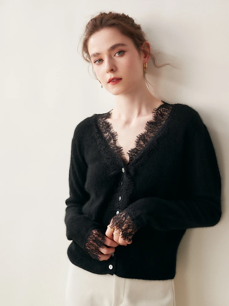 

Women's Autumn Winter Cardigan Style Lace V-Neck Button 100% Cashmere Sweater Warm Comfortable Gentle Soft Female Clothing Tops