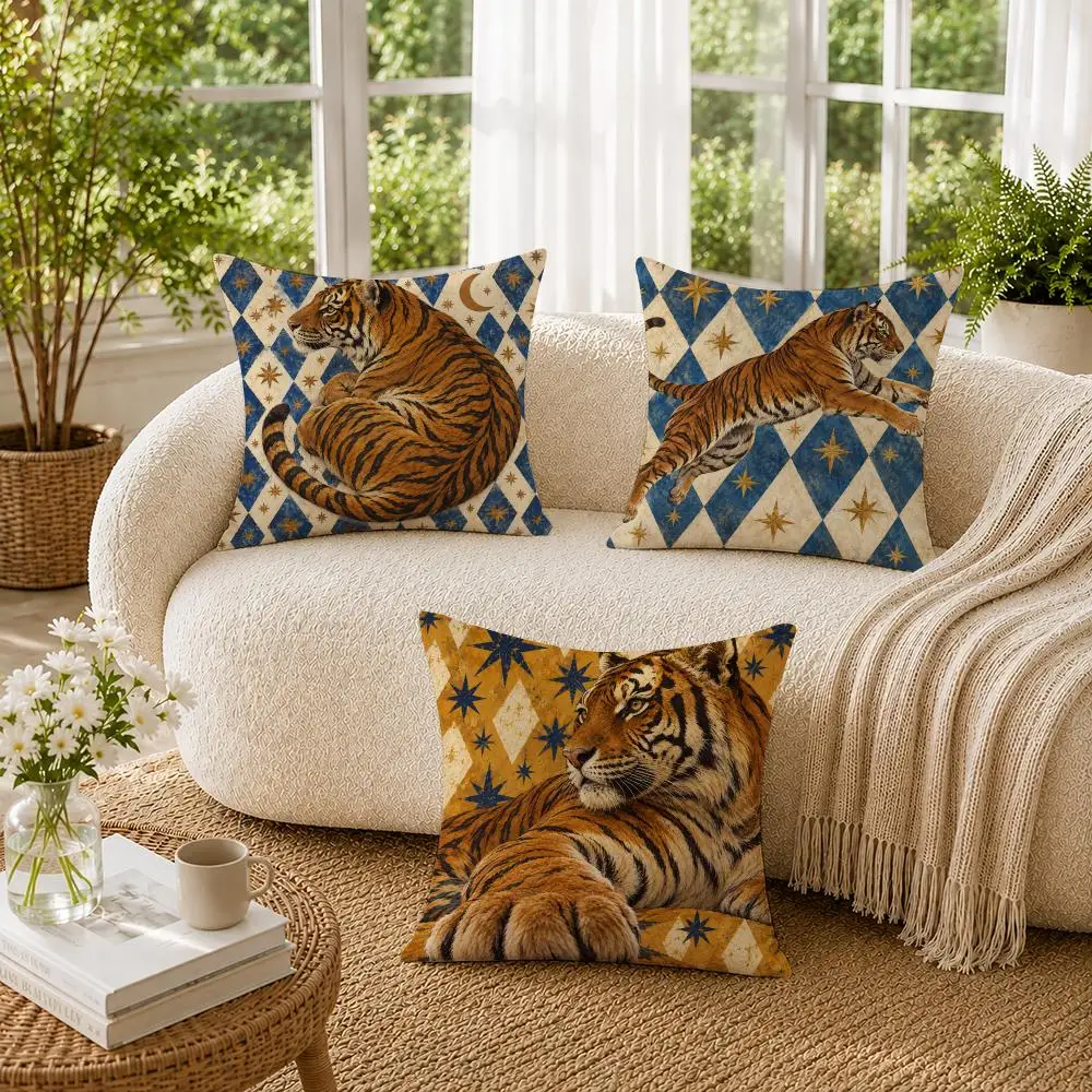 Tiger Vintage Animal Portrait Cushion Cover Double-Sided Plush Sofa Pillow Cases Organic Breathable Invisible Zipper