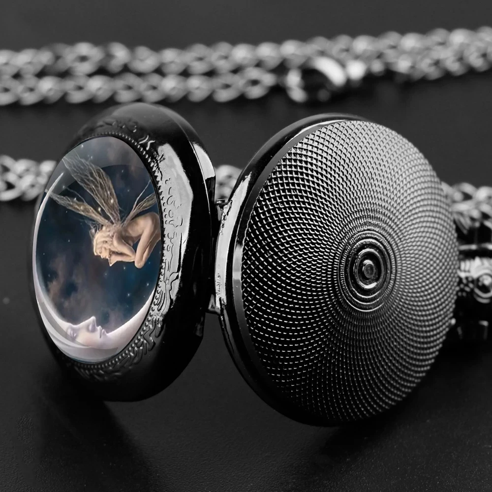 Vintage Angel Girl Design Quartz Pocket Watch with Black Necklace Pendant World-Time Feature, Analog Display For Women Men Kids