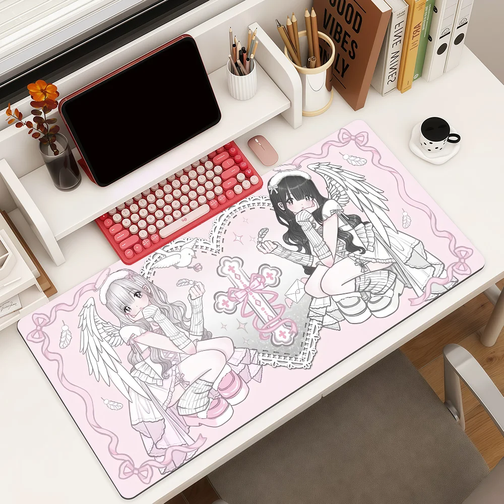 Anime Angel Girls Kawaii Mouse Pad Large Non-Slip Waterproof Mat Stitched Edge Keyboard Pad for Gaming Daily Office