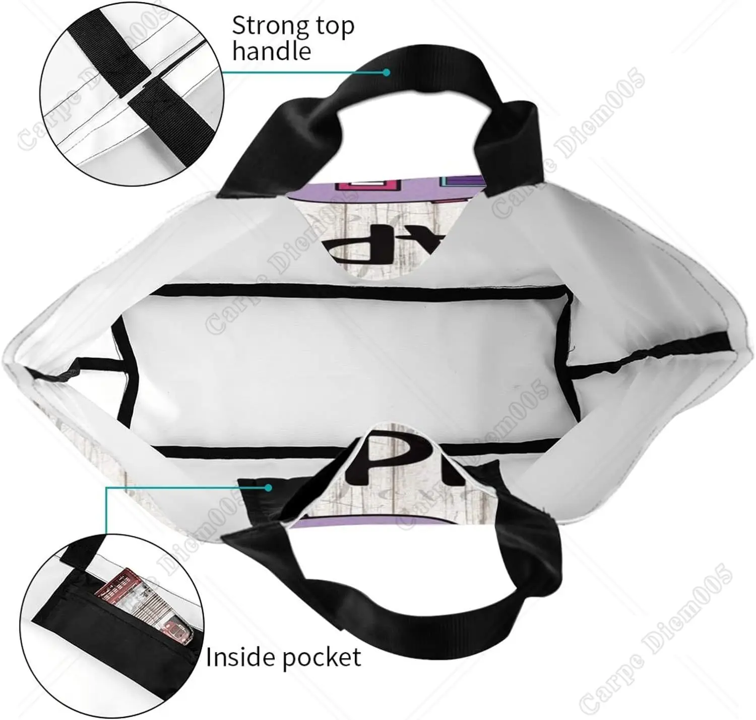 Happy Camper Women Shopping Shoulder Handbag Hiking Picnic Camper Tote Bag Reusable Shopping Bag Print Pattern One Size