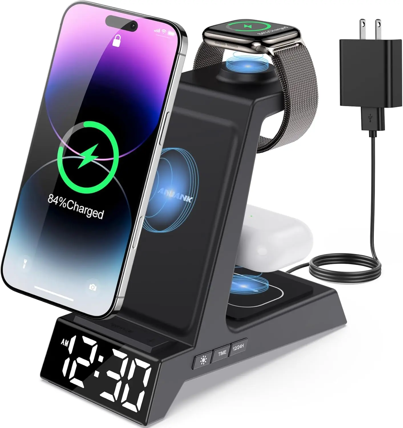 

4-in-1 Wireless Charging Station with Alarm Clock for iPhone, Apple Watch & AirPods - Dimmable LED Display