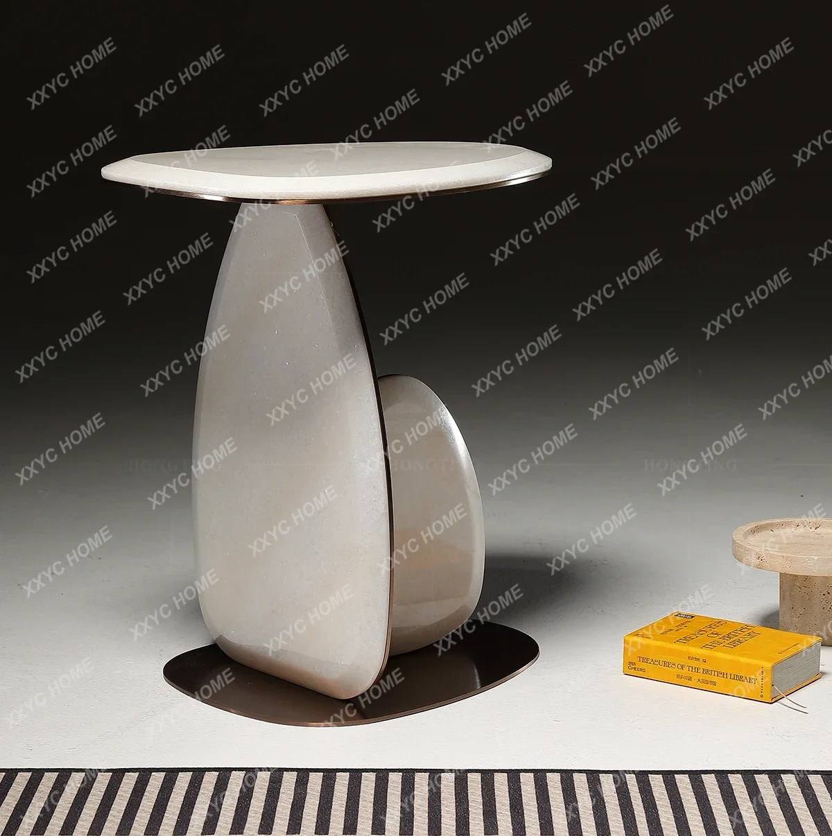 LHigh-end Sofa Corner Table Small Table Bronze Color Pure Natural Marble Creative Art Coffee Table