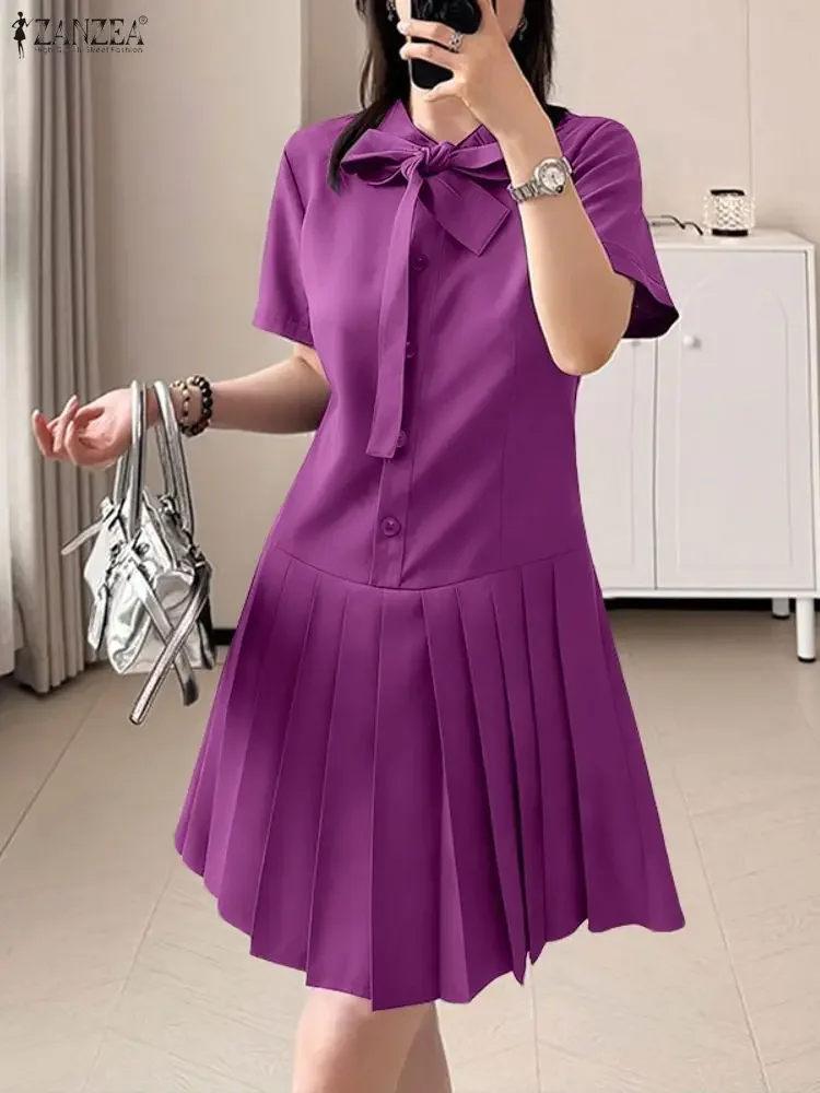 

ZANZEA Elegant Women Mini Dresses 2025 Summer Dress Short Sleeve Buttons Up Vestidos Pleated Robe Stylish Solid OL Work Sundress
