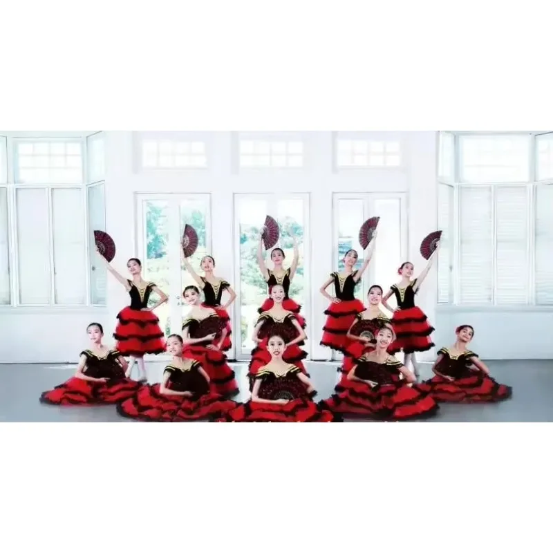 ストラップ付き赤いスペインドレス大人の女の子のためのロングロマンチックなバレエチュチュパフォーマンスチュチュ衣装バレリーナドレスベルベットボディス