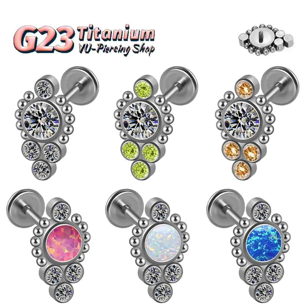 ASTM F136 Titanium Sunflower Welded Round Zircon Opal Piercing Earrings Medical Grade Fashion Ear Cuff Lip Stud Body Jewelry