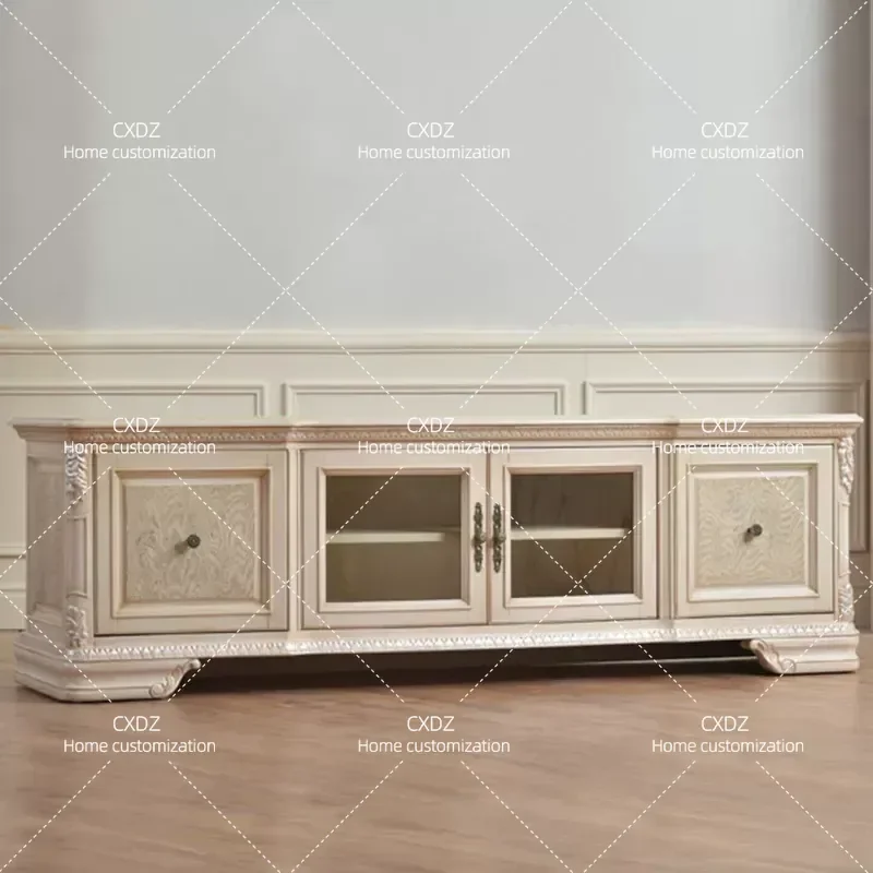 Retro Country Style Solid Wood Carved Flower TV Cabinet Living Room Audio Visual Storage Console for Villa Model Home Decor