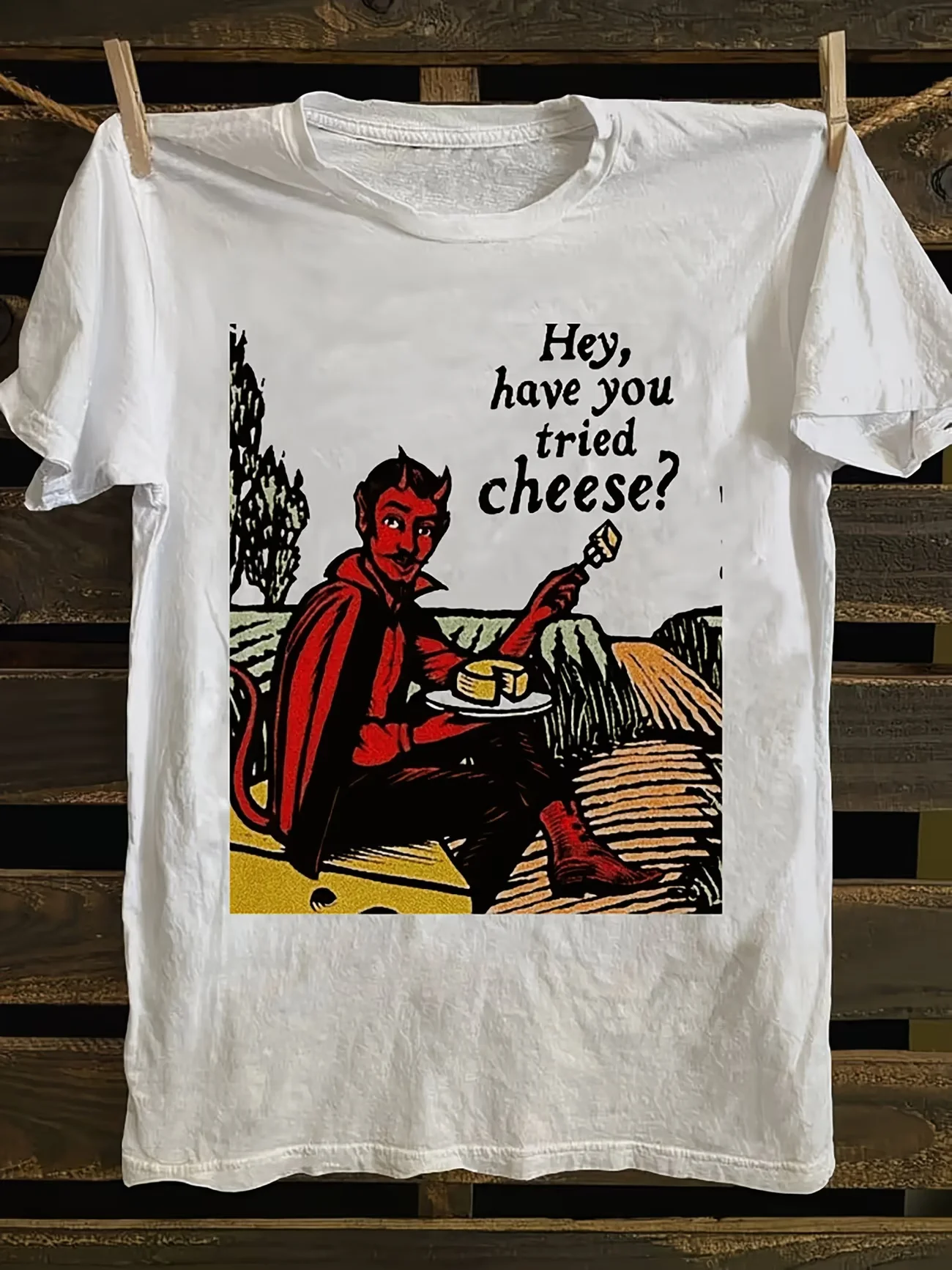 Men's Hey, have you tried cheese? Novelty Graphic T Shirt Women Cotton Tee Summer Ironic Humor Weirdcor Sarcastic Hilarious