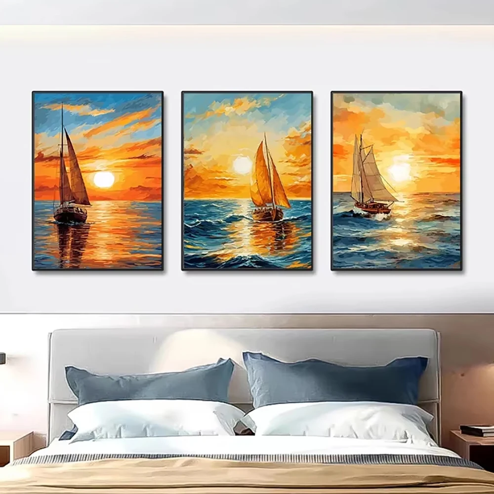 Colorful Sailboat Sunset Canvas Painting Picture Modern Sea Boat Landscape Poster and Prints Wall Art Picture Home Decoration