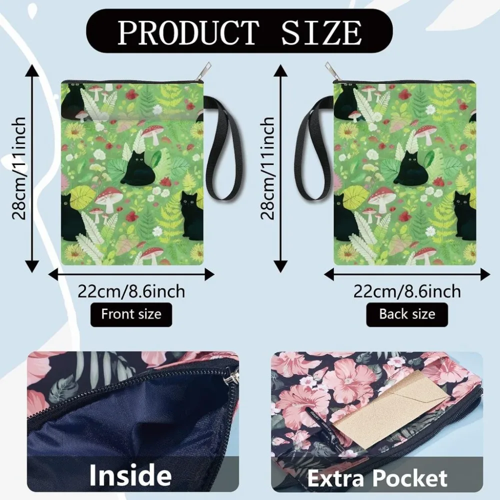 Book Sleeve Black Cat Waterproof Zipper Mushroom Books Cover Pouch Cloth Paperbacks Protector Case 11 x 8.6 Inch Retro Notebook