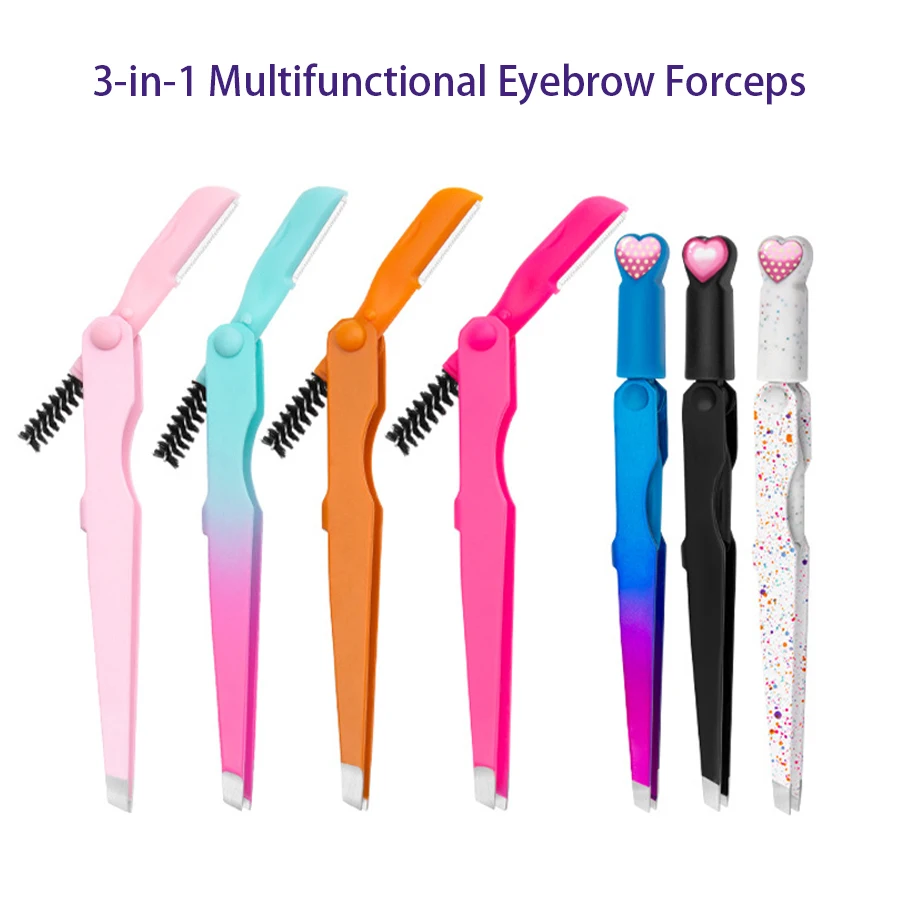 Aço inoxidável sobrancelha aparar ferramenta, 3 em 1, faca dobrável, clipe multifuncional, escova de sobrancelha, novo