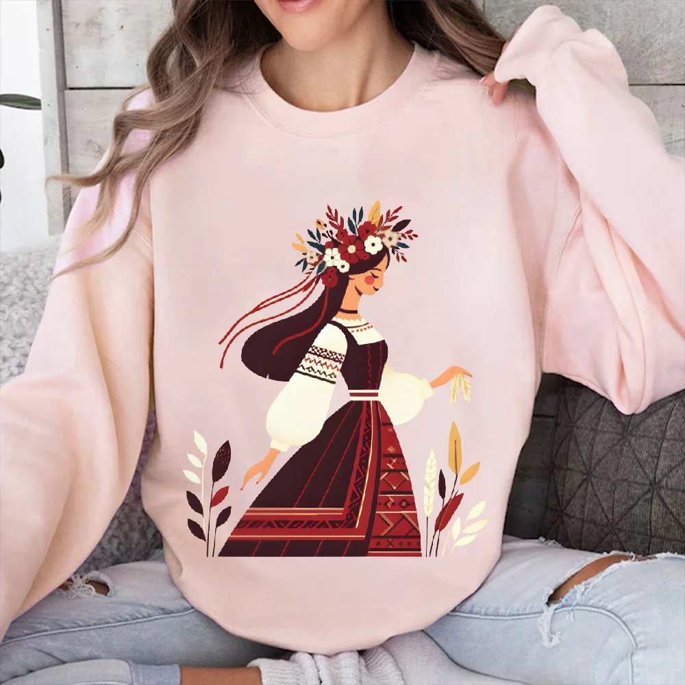 

Sweatshirt Folk Dress Woman Print Cultural Graphic Y2k Sweatshirt Soft Fabric Casual Wear Fashion Design Artistic Vibe Clothes