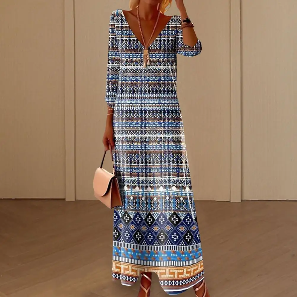 

Long Sleeve Dress Bohemian V Neck Maxi Dress for Women Retro Ethnic Print Long Sleeve A-line Striped Pullover Summer Style Women