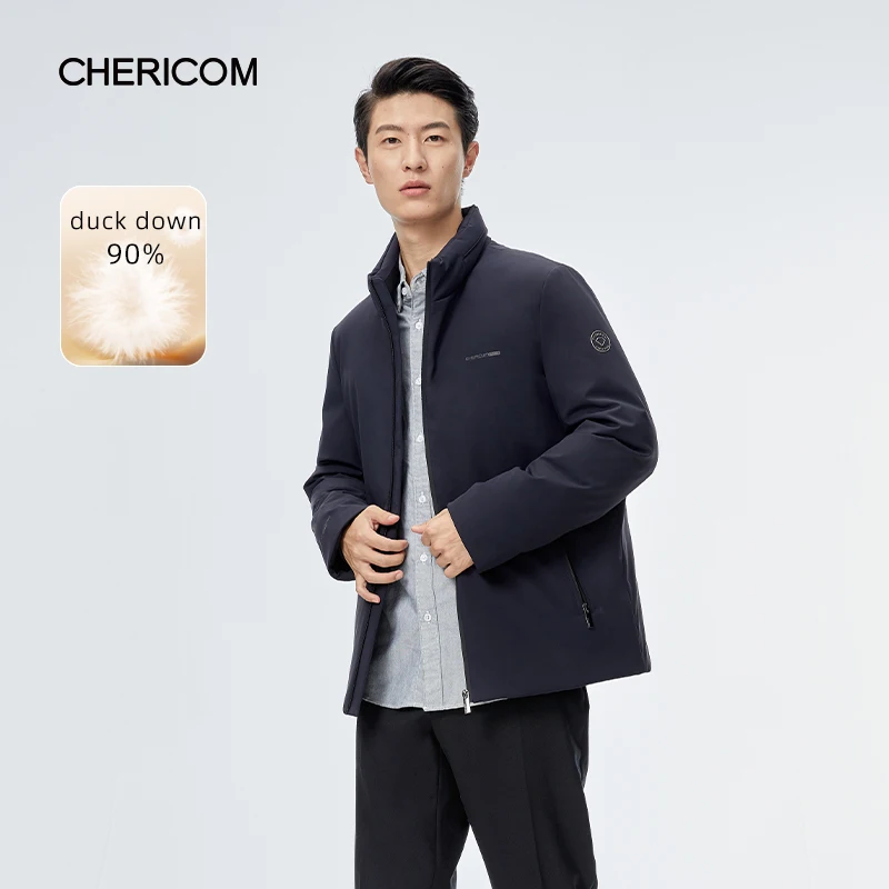 Chericom Chaqueta de plumón informal de negocios sin sombrero con cuello levantado corto de invierno para hombre Chaquetas sólidas de tela empalmada 289663