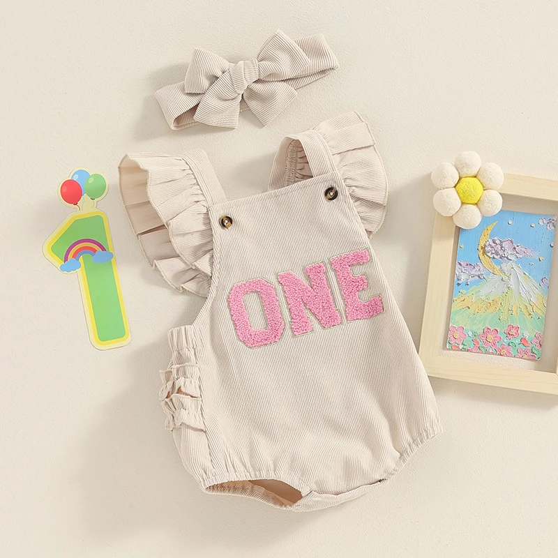 

Baby Girl 1st Birthday Outfit One Embroidery Romper Corduroy Flying Sleeve Romper Bodysuit Cute Cake Smash Outfit