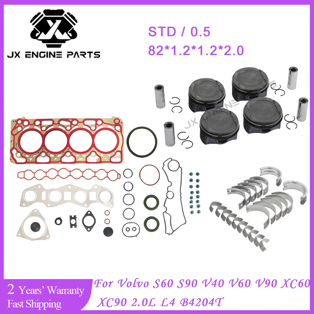B4204T Engine Rebuild Kit Piston Ring Main ConRod Bearing Gasket Set For Volvo 2.0 S60 S90 V60 V90 XC60 XC90 2.0T 2.0L L4 T4 T5