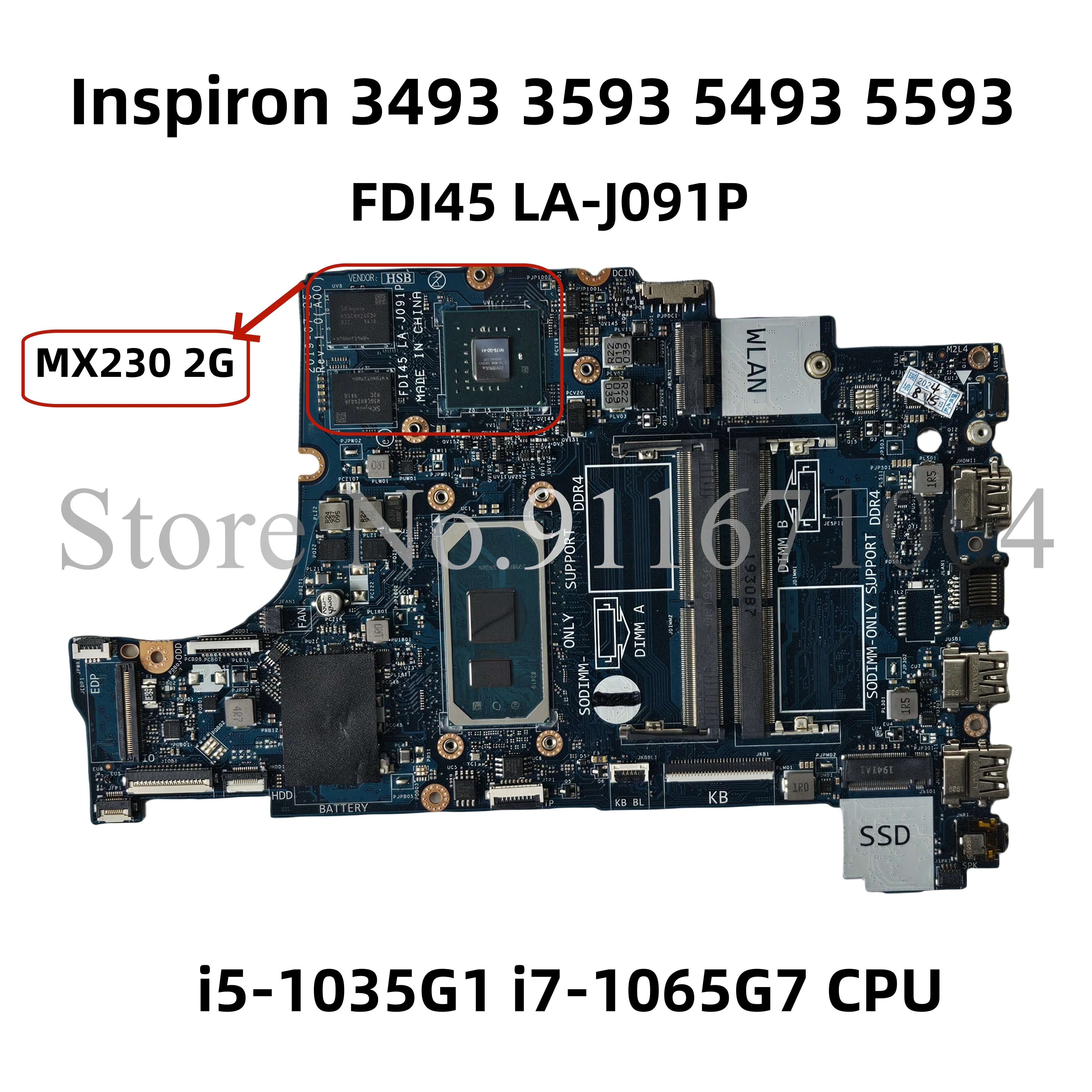 FDI45 LA-J091P For DELL Inspiron 3493 3593 5493 5593 Laptop Motherboard With i5-1035G1 i7-1065G7 CPU MX230 GPU DDR4 CN-035VMP