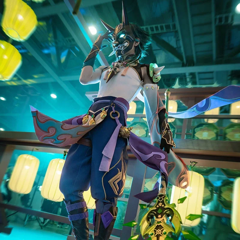 لعبة Genshin تأثير Xiao ازياء تأثيري ، شخصية أنيمي ، بدلة زي هالوين ، شعر مستعار ، قناع ، ملابس لعب الأدوار ، حزب زي النينجا