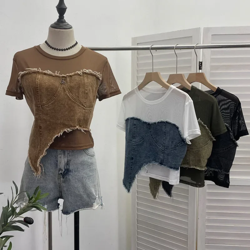 Women Vintage Sexy See Throgh Top Y2K Top Washed Raw Edge Denim Pacthwork Mesh Short Sleeve Shirt Casual Holiday Club Streetwear