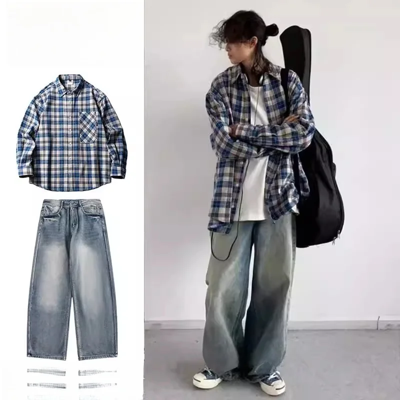 

Blue Plaid Long Sve irt Casual Loose Fit Two Pieces Set Spring Autumn New Sle Versatile Lazy Patterned Outerwear