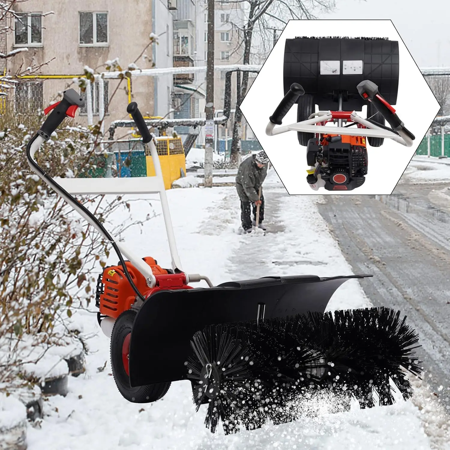 Vassoura elétrica a gás portátil ao ar livre, vassoura elétrica a gasolina de 52cc caminhada atrás da vassoura ferramentas de limpeza de entrada de garagem 2.5hp vassoura cor