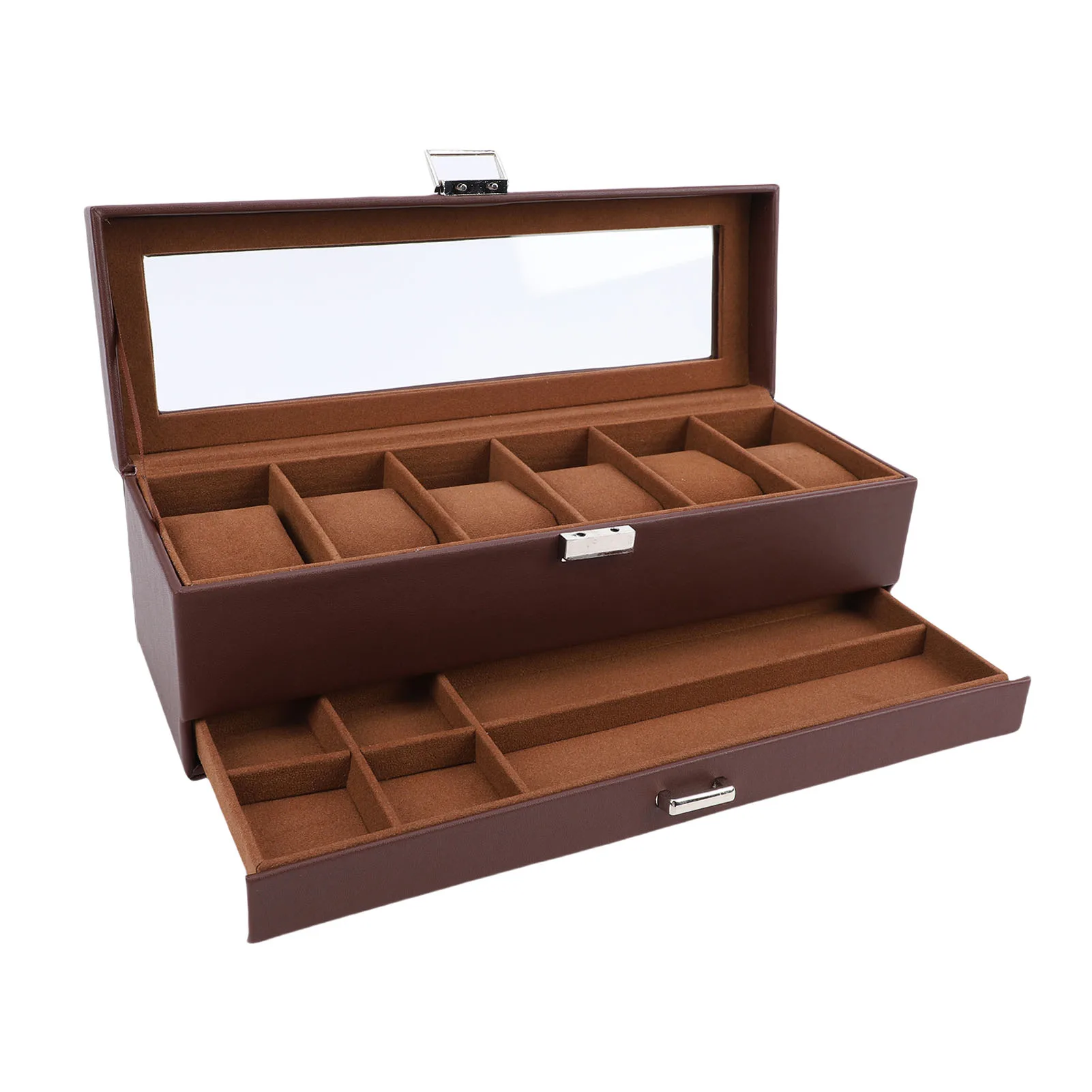 

Коробка для часов для мужчин, кожаная 6-слотовая 2-слойная витрина для часов для хранения коллекции ювелирных изделий, коричневая