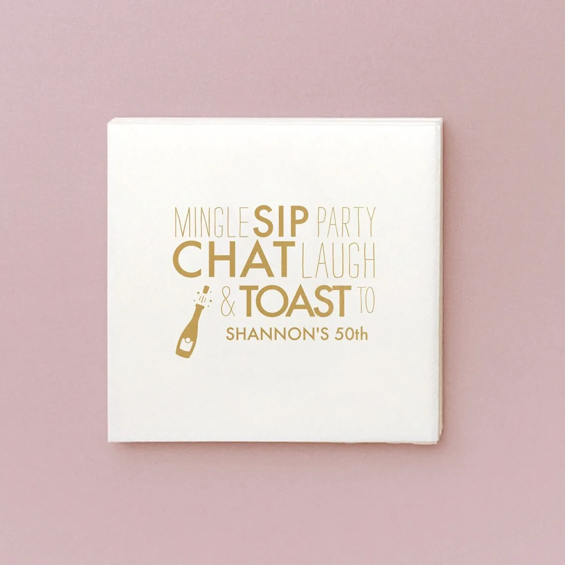 Custom Champagne Cocktail Napkin - Mingle, Sip, Party - Personalized Foil Stamped Linen Like Party Napkins, Birthday, Retirement