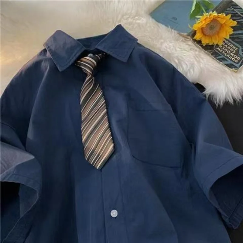 DAYIFUN, blusas Vintage azul marino para mujer, chica urbana japonesa, camisas de manga corta con herramientas, uniforme DK de manga de cinco puntos de gran tamaño