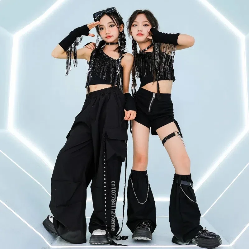 

Костюм для джазовых танцев для девочек, модный и модный черный укороченный топ с кисточками, костюм на подтяжках для детей, модный женский костюм для уличных танцев