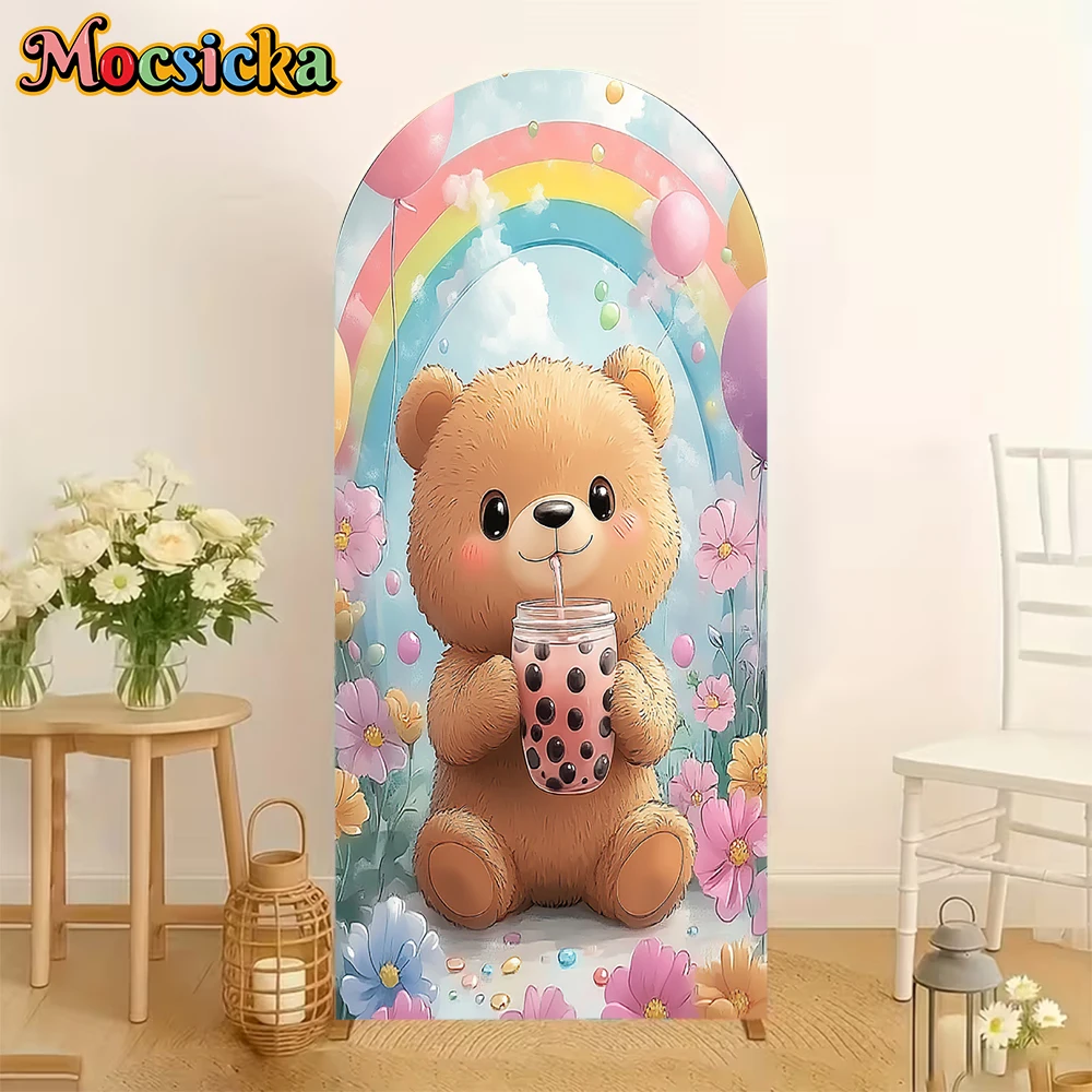 

Mocsicka Wedding Arch Backdrop Double-Sided Birthday Arched Background Cover Bear Milk Tea Flower Rainbow Decor Studio Photozone