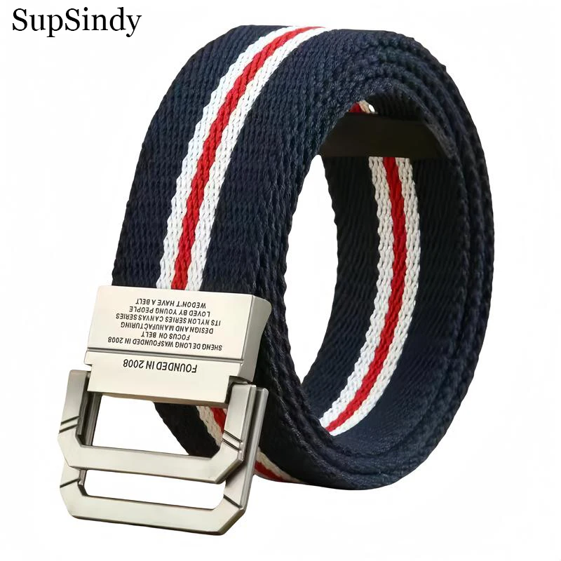 

SupSindy Casual Men Belt Metal Double Ring Buckle Stripe Canvas Belt for Women Jeans Luxury Designer Brand Waistband Nylon Strap