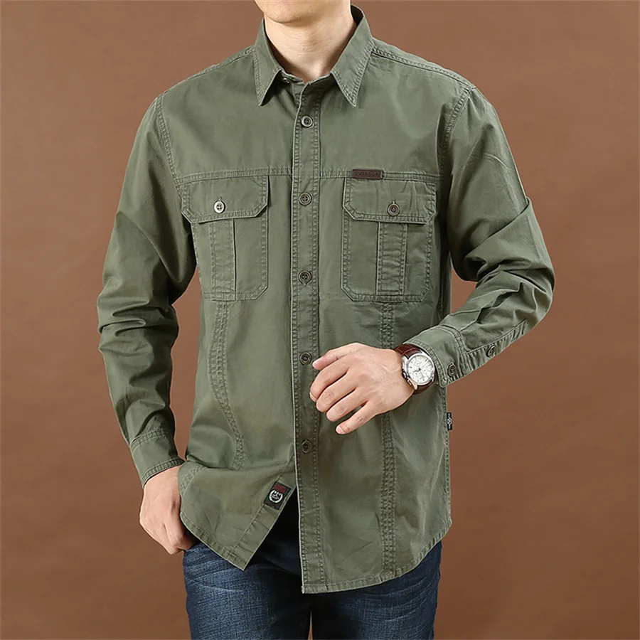 Wiosna jesień bawełniana koszula męska z wieloma kieszeniami koszule Cargo Casual Outdoor z długim rękawem koszule taktyczne dla mężczyzn topy Oversize 6XL