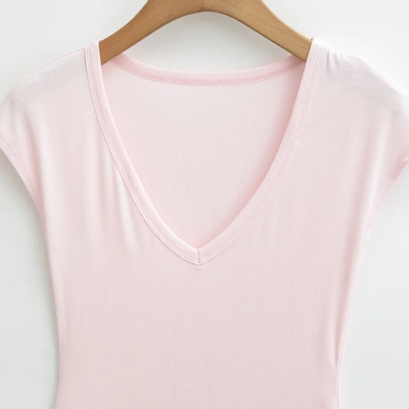 Slim Fit Short Sleeve U-Neck T-Shirt Women's Fashion Basic Style Pure Color Slimming Effect Short Length Fly Sleeve Top