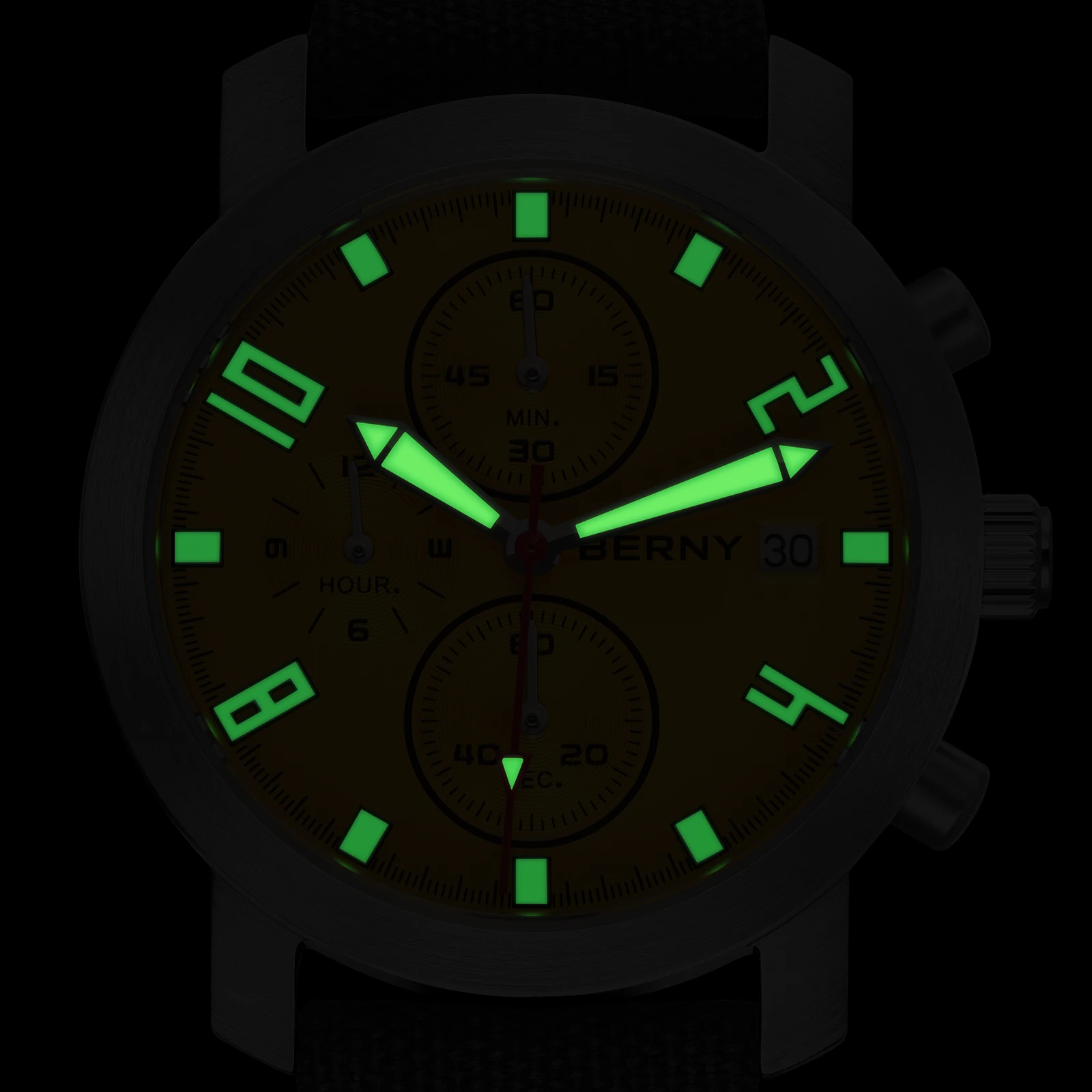 BERNY Chronograph-Uhren für Herren, grün leuchtendes kleines Zifferblatt, multifunktional, leichte Herrenuhr, Saphirglas, 5ATM wasserdicht – Detail 12
