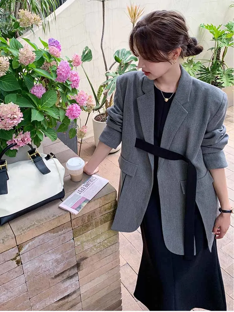 LANMREM Ribbon Slit Blazer Coats For Women Notched Long Sleeves Loose Fashion Clothing Office Lady Casual Korean Style 2R8135