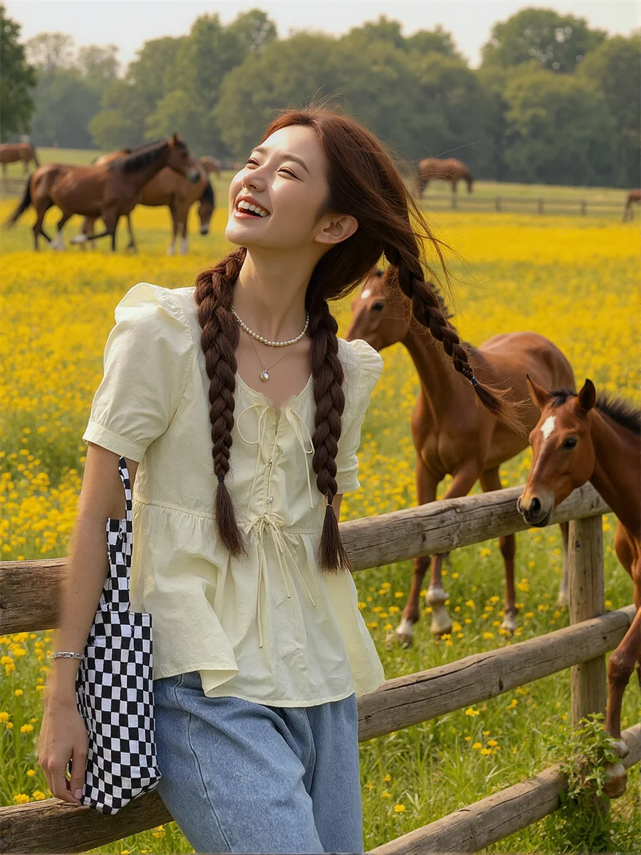 Blusas femininas doce cor sólida algodão moda feminina coreano manga longa estilo curto outono topos oversized formal túnica festa