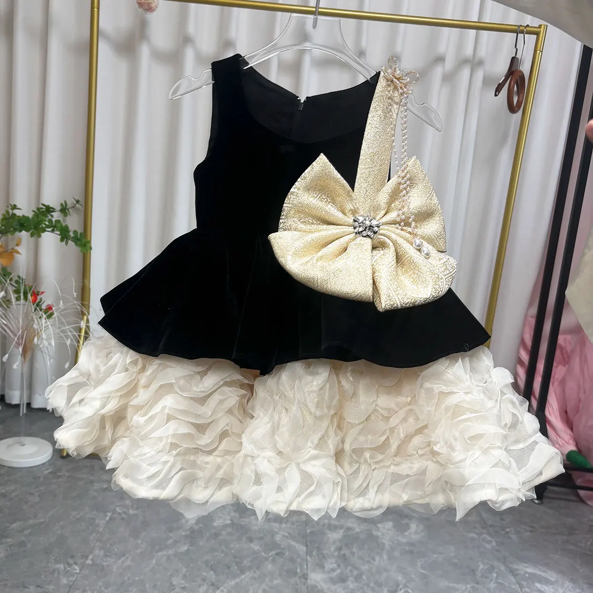 Dreamy Vow J726 Charmantes One-Shoulder-Mädchenkleid mit Perlenkette und Schleife, ärmellos, für Hochzeit, Geburtstag, Urlaub, Party, Ballkleid