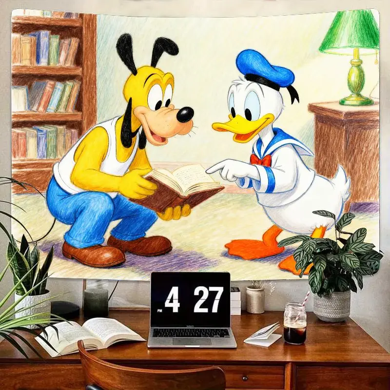 

1 шт. гобелен Disney Goofy & Donald Duck, классический настенный рисунок с изображением сцены чтения мультфильмов, современный полиэстеровый декор для спальни, гостиной,