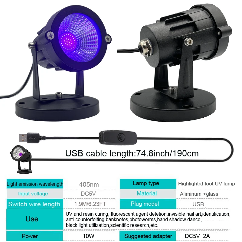 405nm UV-LED-Schwarzlicht mit Ein/Aus-Schalter kabel für UV-Härtung, 3D-Drucker, Harz, UV-Gel-Nagel, Schwarzlicht 5V USB 10W